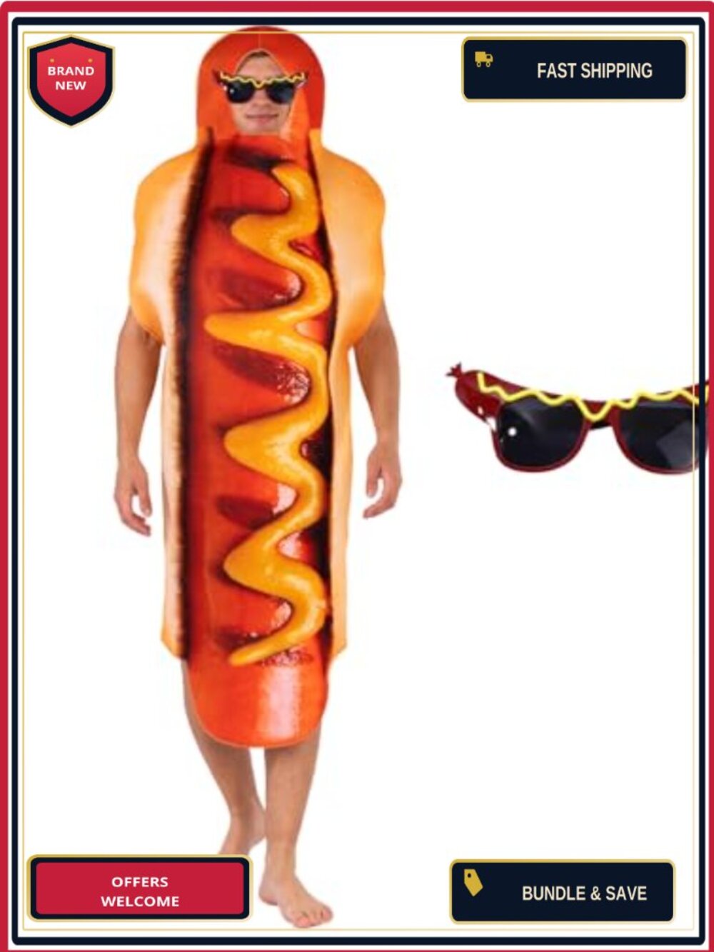 Hot Dog Costume Adult Funny Food Outfit Sausage Glasses Halloween Cosplay